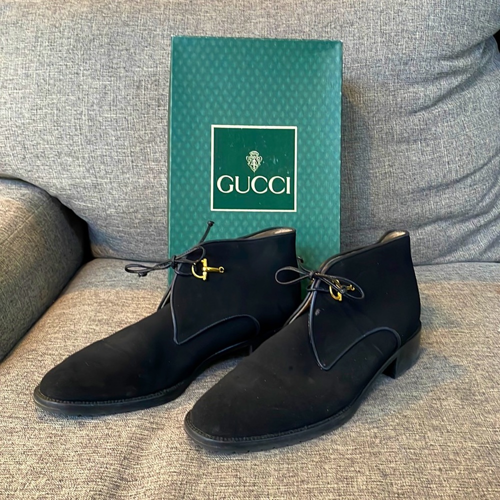 Vintage Gucci Boot Black Suede Bit Tie- Size 9B